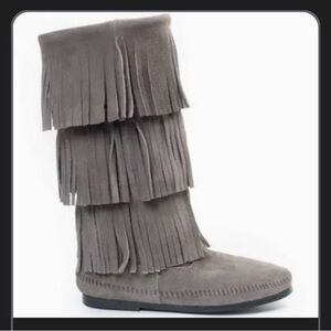 Minnetonka Triple Fringe Gray Moccasins, this color no longer available @/Minne.